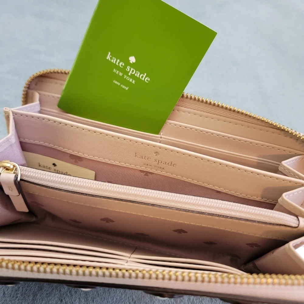 Kate Spade NWT Warm Beige Pebbled Leather Large Neda Studded Zip Wallet NWT